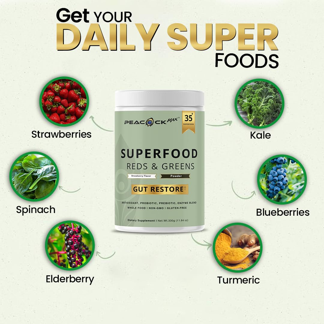 Superfood Reds & Greens Powder - 11.64 oz, Prebiotics & Probiotics for Digestive Health, Super Greens Powder with Ashwagandha for Gut Health, Immunity, Antioxidants, - PrimeBioHealth - canada supplements