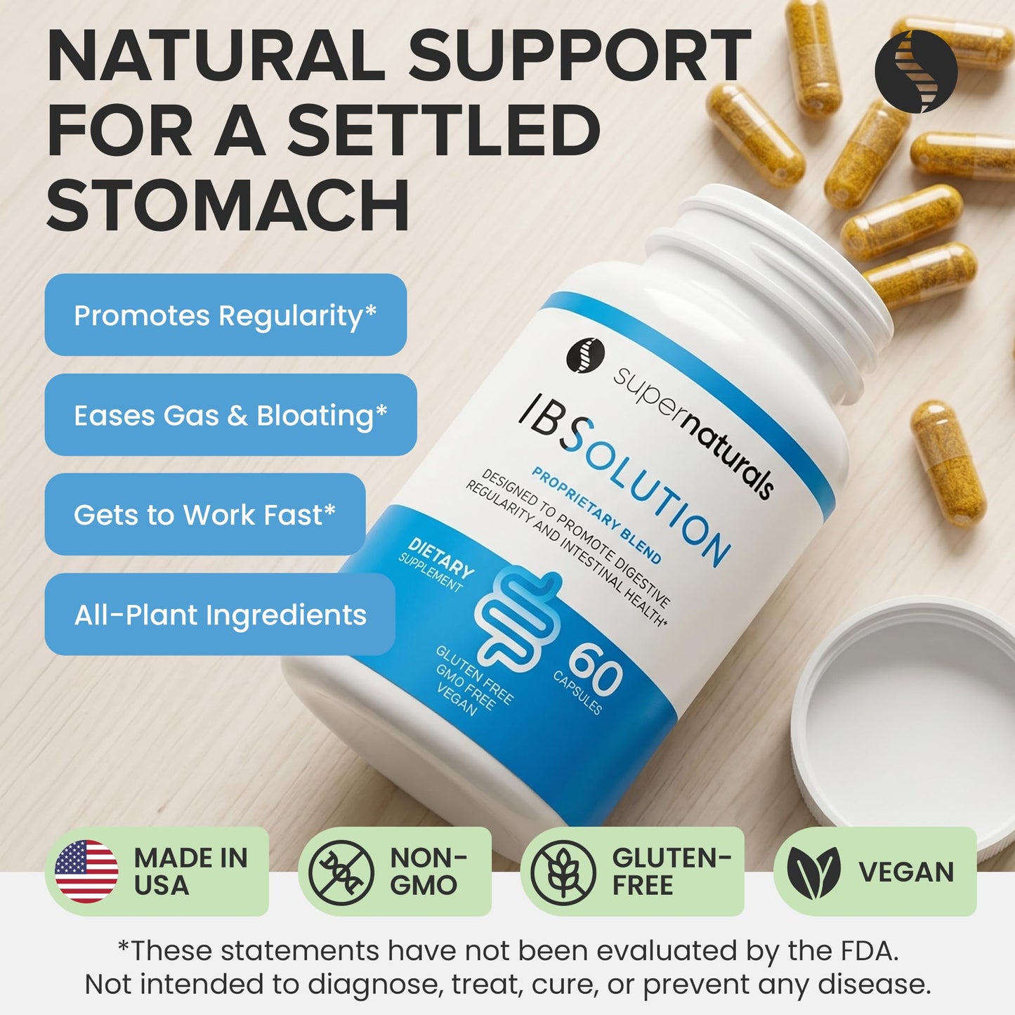 SuperNaturals IBSolution - Made in USA, Non-GMO, Gluten Free & Vegan (60 Capsules) - Digestive Gut Health Supplement With Psyllium Husk - Gas, Bloating, Diarrhea - PrimeBioHealth - canada supplements
