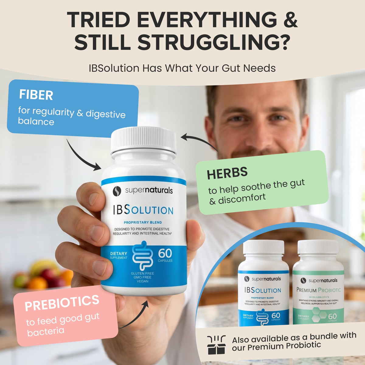 SuperNaturals IBSolution - Made in USA, Non-GMO, Gluten Free & Vegan (60 Capsules) - Digestive Gut Health Supplement With Psyllium Husk - Gas, Bloating, Diarrhea - PrimeBioHealth - canada supplements