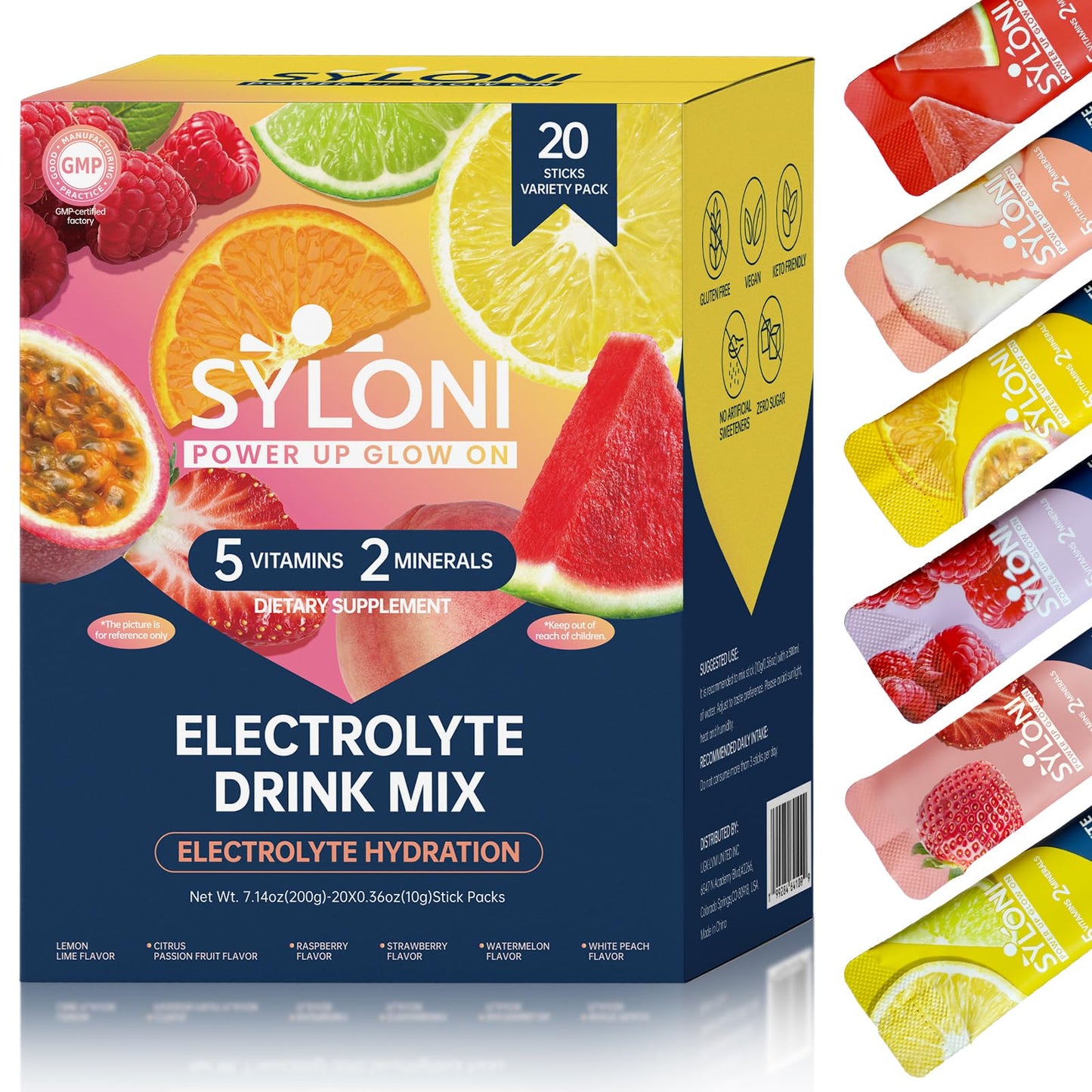 Syloni Electrolytes Powder Packets, Trial Variety Pack(20 Sticks), Sugar Free Hydration Packets Electrolyte Drink Mix with 7 Vitamins and Electrolytes - PrimeBioHealth - canada supplements