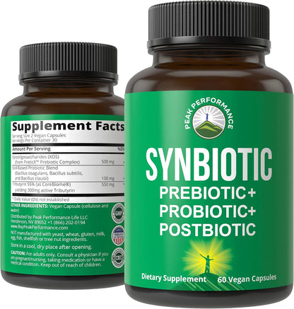 Synbiotic = Prebiotic + Probiotic + Postbiotic 3-in-1 Supplement with Clinically Tested Ingredients - Pre and Probiotics Plus Important Tributyrin CoreBiome for Gut - 60 Vegan Capsules for Women + Men - PrimeBioHealth - canada supplements