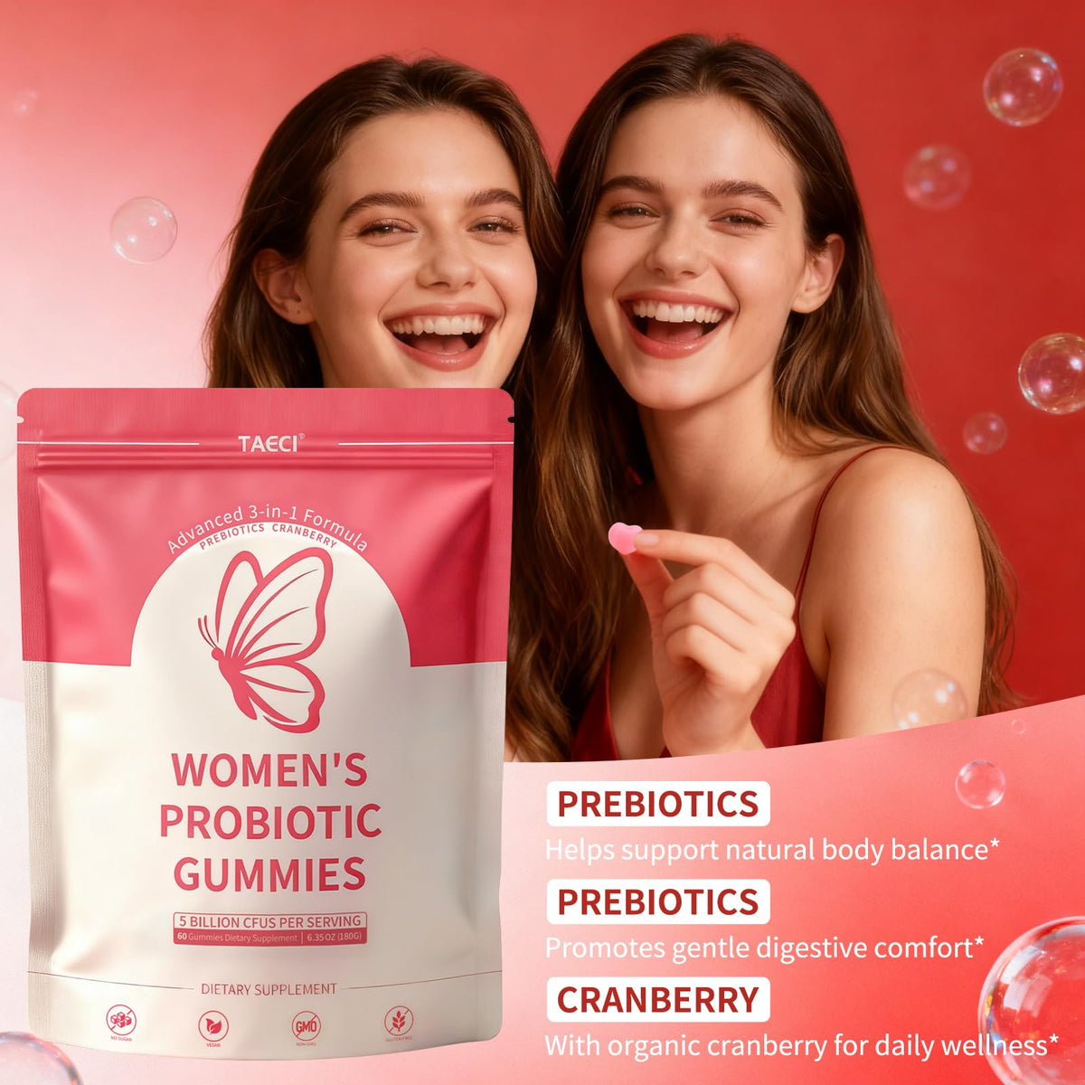 Taeci Vaginal Probiotic Gummies for Women – 5 Billion CFU with Prebiotic & Cranberry Extract – Supports pH Balance, Healthy Odor & Gut Health - PrimeBioHealth - canada supplements