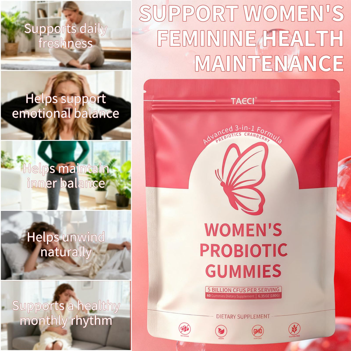 Taeci Vaginal Probiotic Gummies for Women – 5 Billion CFU with Prebiotic & Cranberry Extract – Supports pH Balance, Healthy Odor & Gut Health - PrimeBioHealth - canada supplements