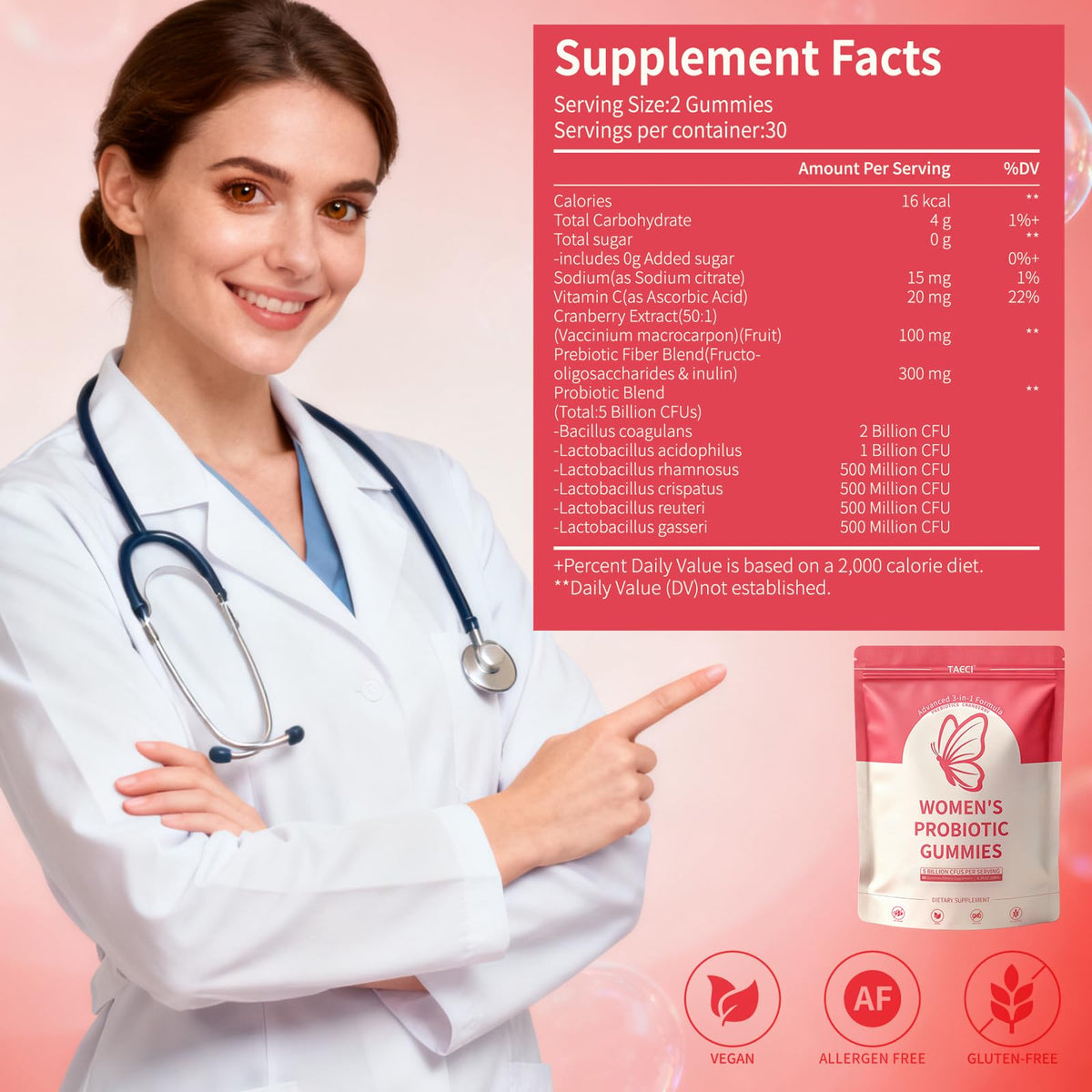 Taeci Vaginal Probiotic Gummies for Women – 5 Billion CFU with Prebiotic & Cranberry Extract – Supports pH Balance, Healthy Odor & Gut Health - PrimeBioHealth - canada supplements