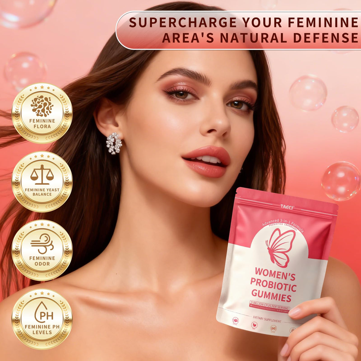Taeci Vaginal Probiotic Gummies for Women – 5 Billion CFU with Prebiotic & Cranberry Extract – Supports pH Balance, Healthy Odor & Gut Health - PrimeBioHealth - canada supplements