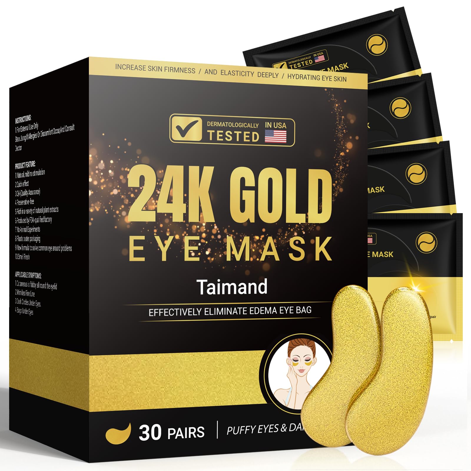Taimand Under Eye Patches (30 Pairs), 24K Gold Under Eye Mask for Puffy Eyes, Dark Circles,Bags and Wrinkles with Collagen - PrimeBioHealth - canada supplements