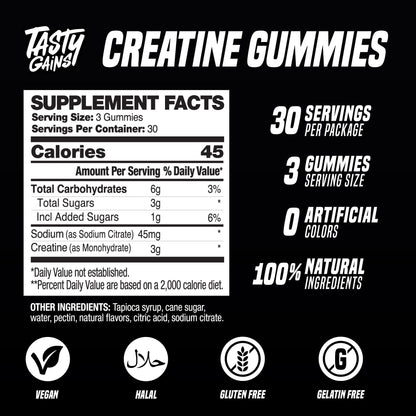 TASTY GAINS Creatine Gummies - 90g of Creatine Monohydrate - Workout Supplements - Build Muscle & Boost Strength for Men & Women - Made in USA - PrimeBioHealth - canada supplements