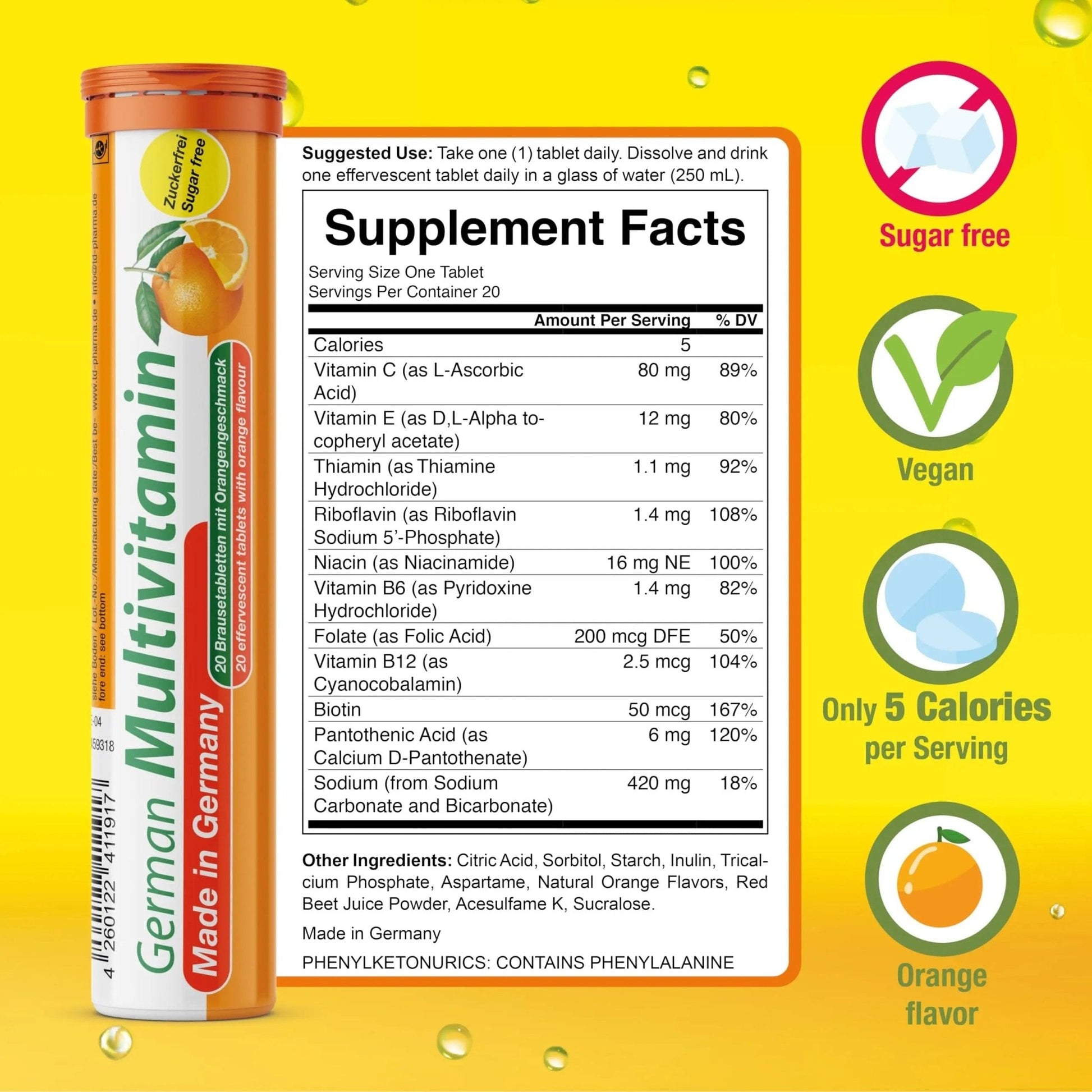 T&D German Multvitamin 10 Vitamins - 40 Vegan Drink Effervescent Tablets - Orange Flavor - PrimeBioHealth - canada supplements