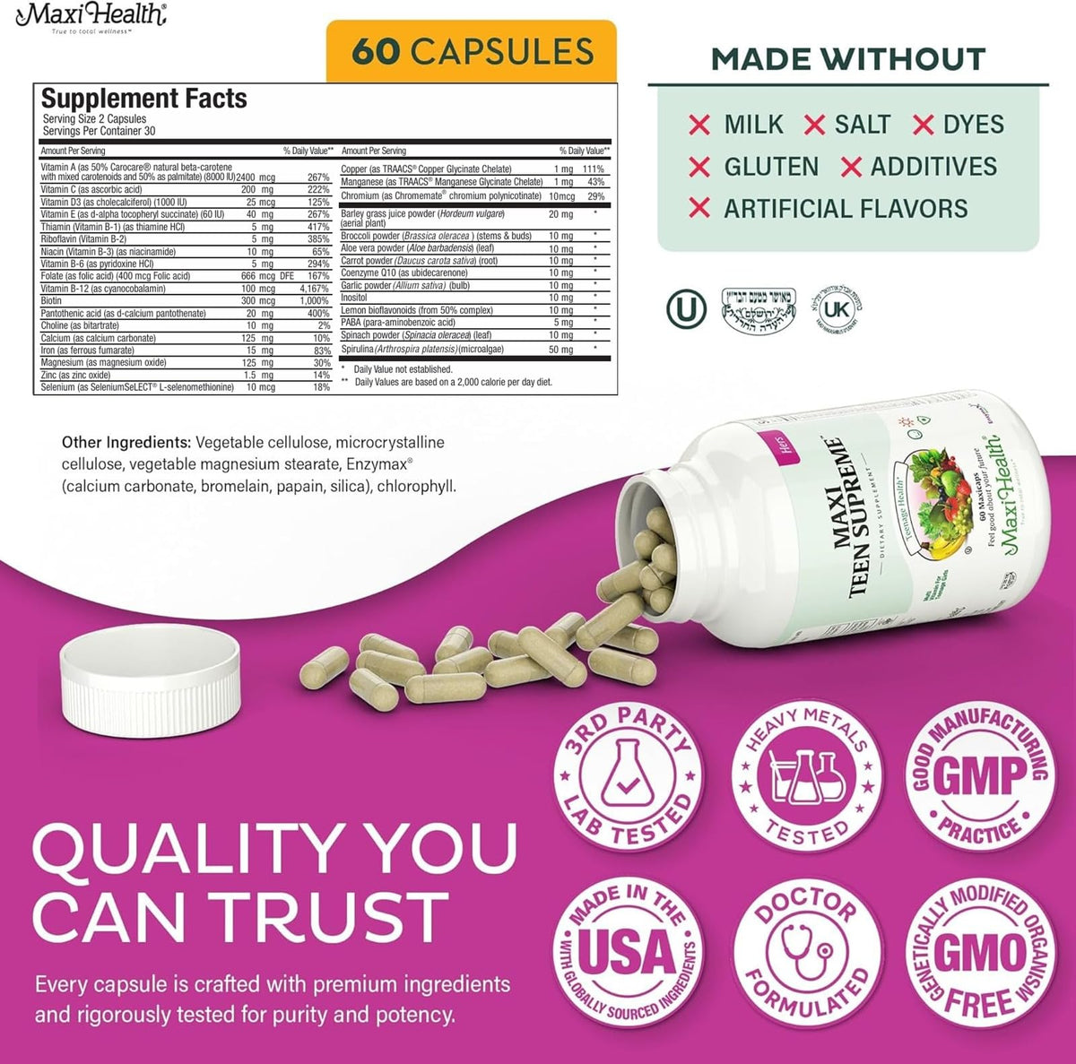 Teen Vitamins for Girls 12-17 - Teen Multivitamin Supreme with D3, Iron, Calcium, Biotin, Digestive Enzymes – Teenager Girl Multi Vitamins for Energy, - PrimeBioHealth - canada supplements