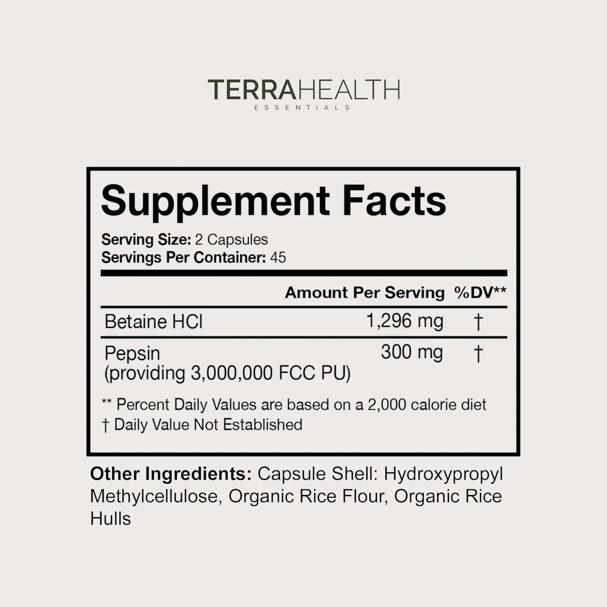 Terra Health Essentials Reflux Inhibitor - Digestive Supplement for Stomach Comfort, Acid Balance & Nutrient Absorption - Betaine HCL with Pepsin - PrimeBioHealth - canada supplements