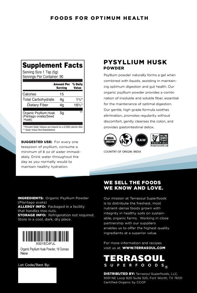 Terrasoul Superfoods Organic Psyllium Husk Powder, 1 Lb - Superfine Texture | 99% Purity | Perfect for Gluten-Free Baking | No Purple Breads - PrimeBioHealth - canada supplements