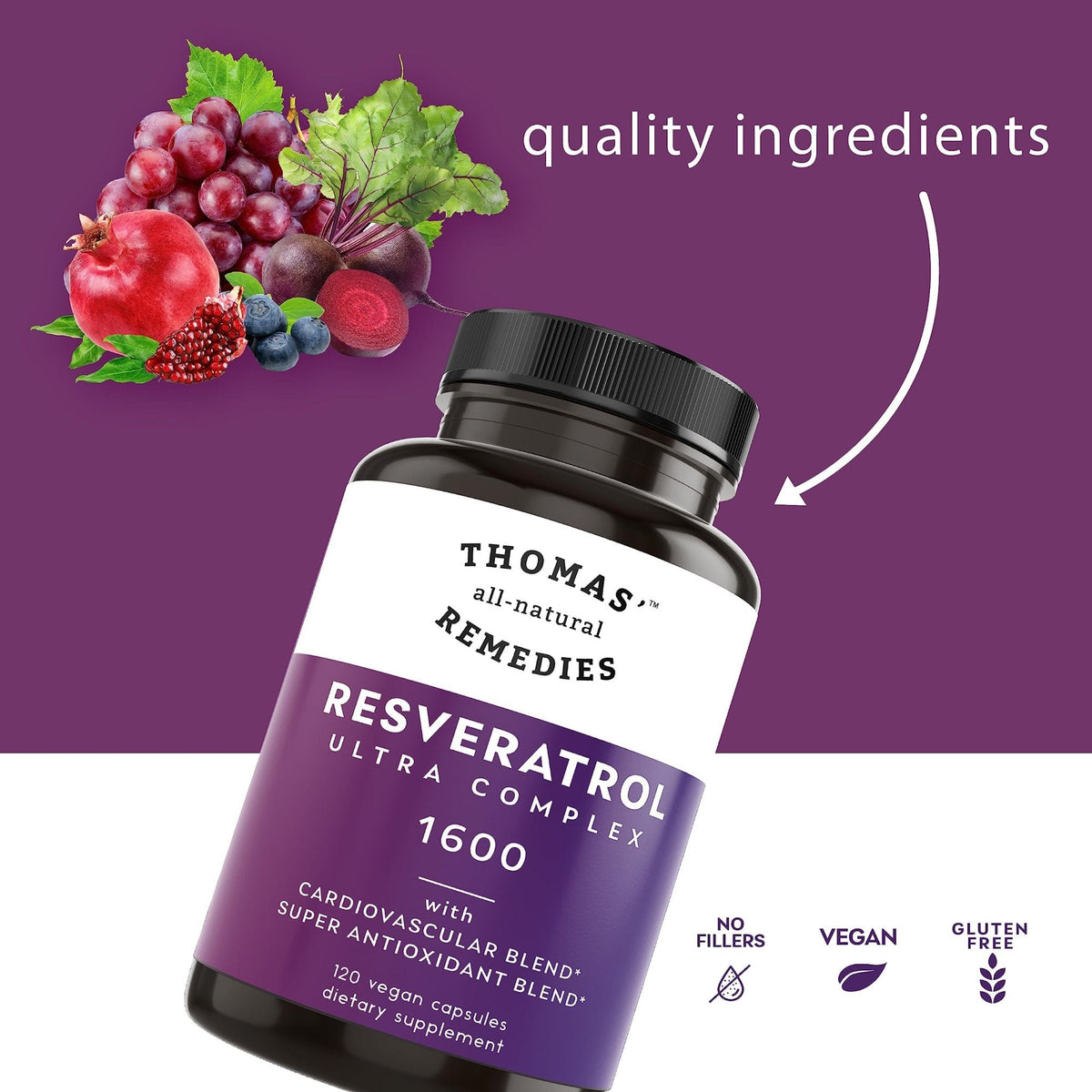 Thomas' all-natural Remedies Resveratrol 1600mg Organic Trans-Resveratrol Antioxidant Supplement with Organic Grape Seed Extract and Quercetin - PrimeBioHealth - canada supplements