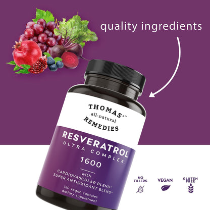 Thomas' all-natural Remedies Resveratrol 1600mg Organic Trans-Resveratrol Antioxidant Supplement with Organic Grape Seed Extract and Quercetin - PrimeBioHealth - canada supplements