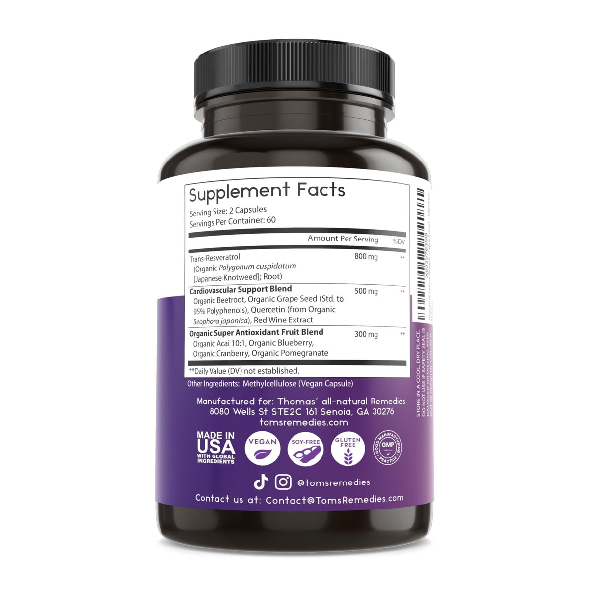 Thomas' all-natural Remedies Resveratrol 1600mg Organic Trans-Resveratrol Antioxidant Supplement with Organic Grape Seed Extract and Quercetin - PrimeBioHealth - canada supplements