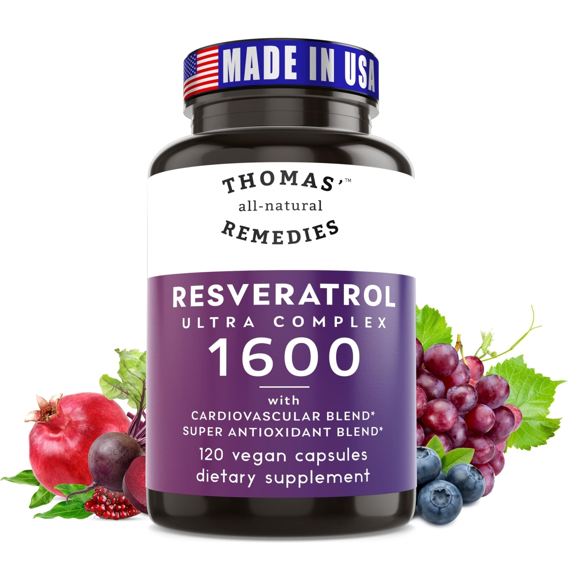 Thomas' all-natural Remedies Resveratrol 1600mg Organic Trans-Resveratrol Antioxidant Supplement with Organic Grape Seed Extract and Quercetin - PrimeBioHealth - canada supplements