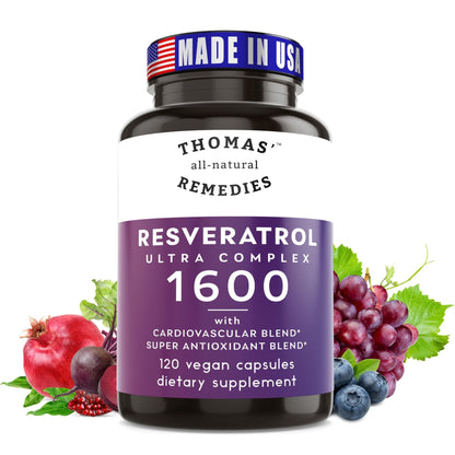 Thomas' all-natural Remedies Resveratrol 1600mg Organic Trans-Resveratrol Antioxidant Supplement with Organic Grape Seed Extract and Quercetin - PrimeBioHealth - canada supplements