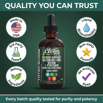 ThyroBloom Thyroid Support for Women Liquid Drops Iodine L-Tyrosine Selenium Copper Ashwagandha Zinc Kelp Bladderwrack Schisandra Guggul Turmeric Vitamin A D3 B12 - PrimeBioHealth - canada supplements