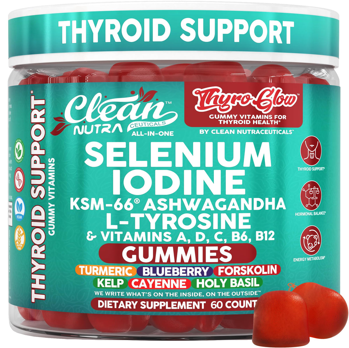 ThyroGlow Thyroid Support Gummies Selenium Iodine KSM 66 Ashwagandha L Tyrosine Vitamin D, C, B12, B6 Turmeric Blueberry Holy - PrimeBioHealth - canada supplements
