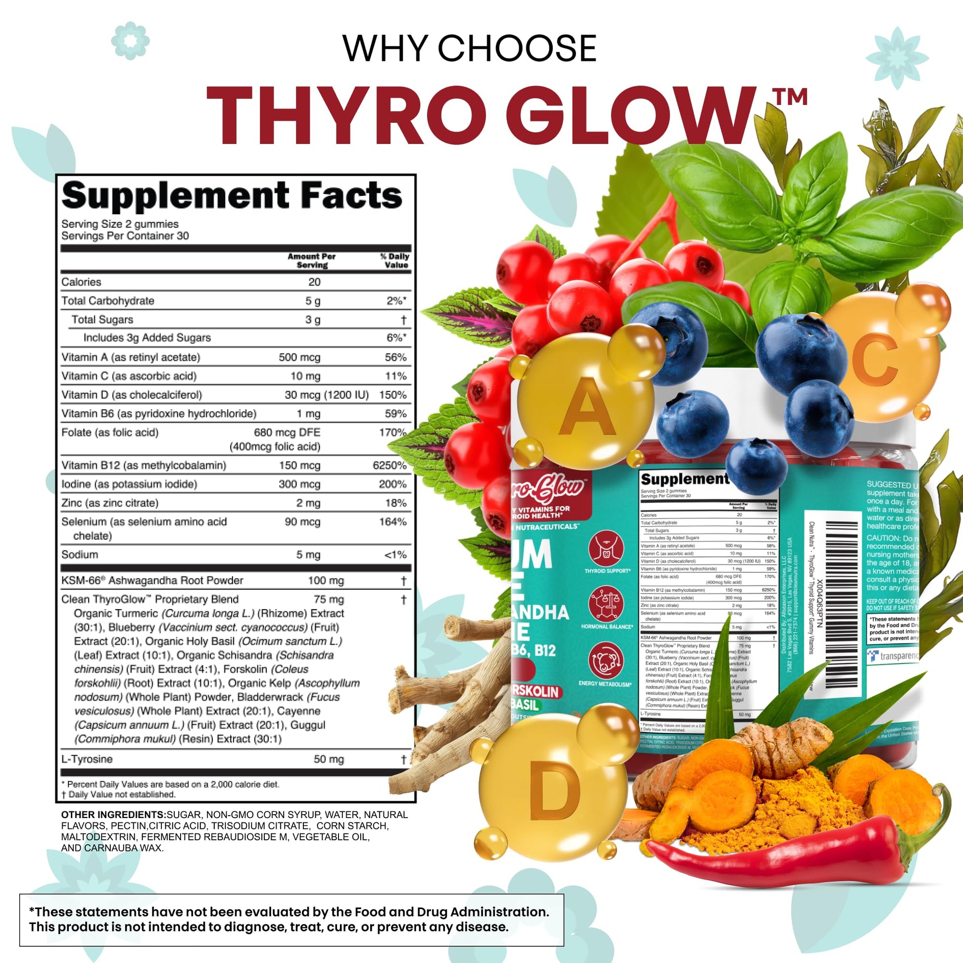 ThyroGlow Thyroid Support Gummies Selenium Iodine KSM 66 Ashwagandha L Tyrosine Vitamin D, C, B12, B6 Turmeric Blueberry Holy - PrimeBioHealth - canada supplements