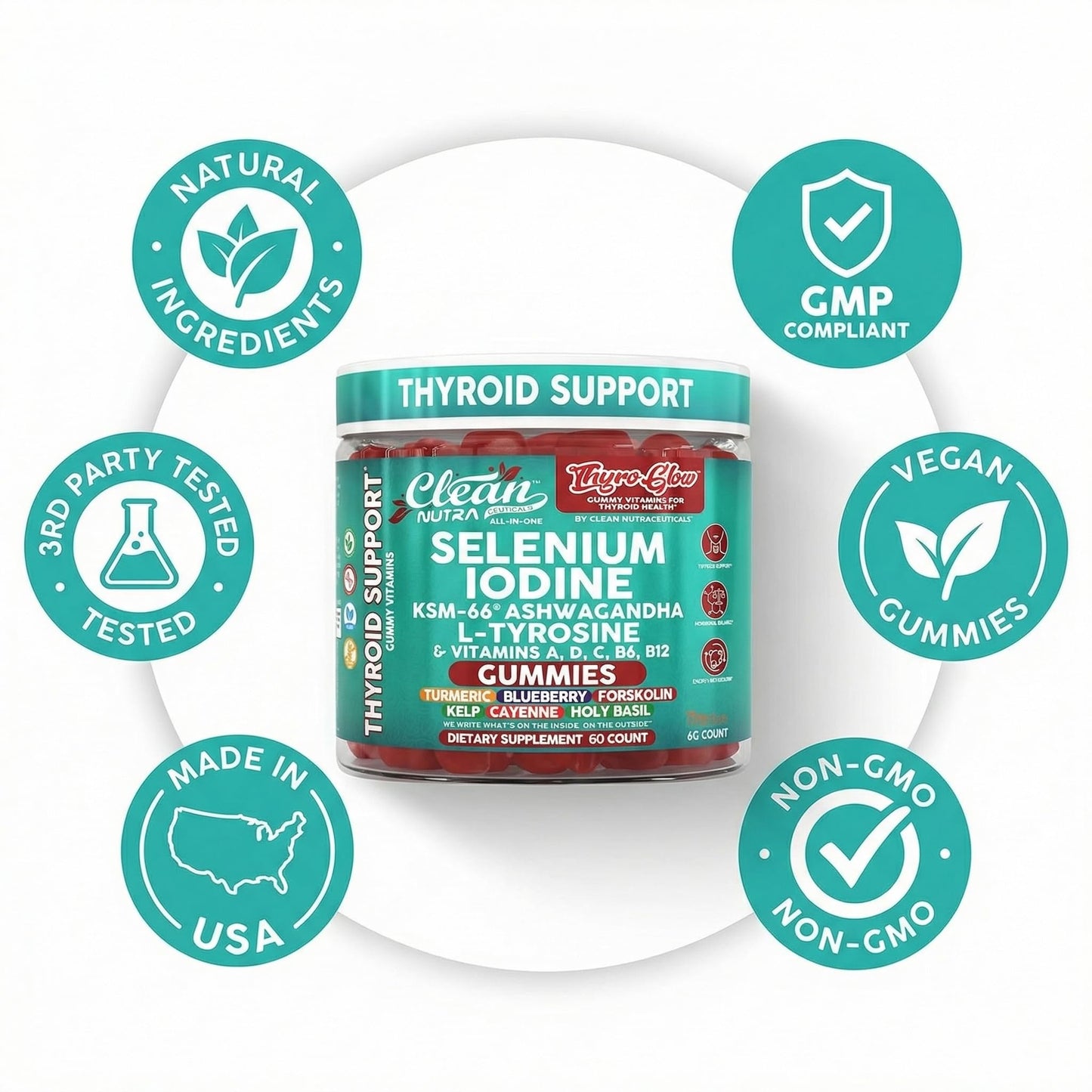 ThyroGlow Thyroid Support Gummies Selenium Iodine KSM 66 Ashwagandha L Tyrosine Vitamin D, C, B12, B6 Turmeric Blueberry Holy - PrimeBioHealth - canada supplements