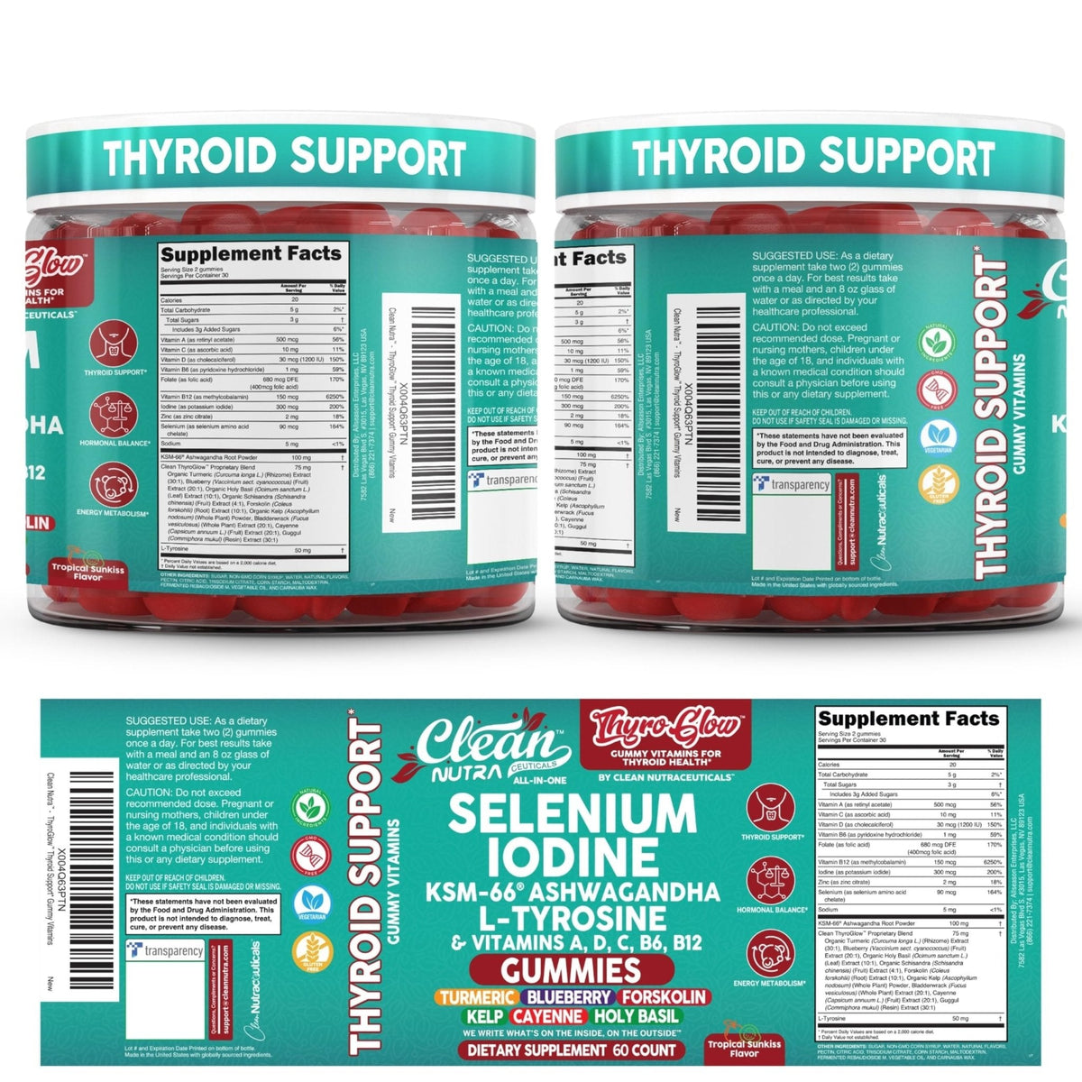 ThyroGlow Thyroid Support Gummies Selenium Iodine KSM 66 Ashwagandha L Tyrosine Vitamin D, C, B12, B6 Turmeric Blueberry Holy - PrimeBioHealth - canada supplements