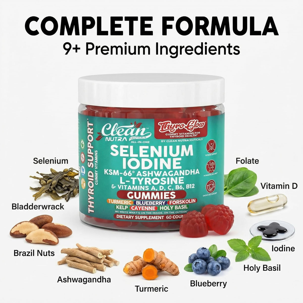 ThyroGlow Thyroid Support Gummies Selenium Iodine KSM 66 Ashwagandha L Tyrosine Vitamin D, C, B12, B6 Turmeric Blueberry Holy - PrimeBioHealth - canada supplements