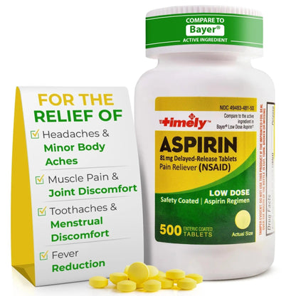 TIME-Cap Labs 500 Tablets Low Dose Aspirin 81mg Enteric Coated - NSAID Pain Reliever & Fever Reducer for Adults, Helps with Minor Aches, Headaches, Muscle Pain, Toothaches, and Joint Discomfort - PrimeBioHealth - canada supplements