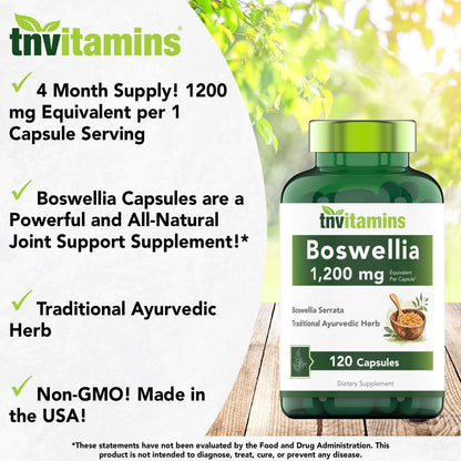 tnvitamins Boswellia Extract Capsules, 120 Count | 1,200 mg Per Capsule | 65% Boswellic Acids + 10:1 Concentrated Extract | Boswellia Serrata - PrimeBioHealth - canada supplements
