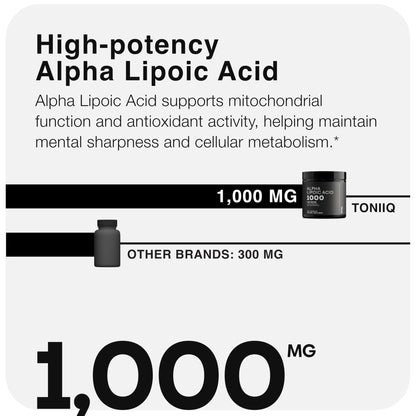 Toniiq 1000mg Ultra High Strength Alpha Lipoic Acid Capsules - Highly Purified 99%+ USP Standard - 120 Capsules ALA Supplement - PrimeBioHealth - canada supplements