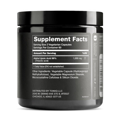 Toniiq 1000mg Ultra High Strength Alpha Lipoic Acid Capsules - Highly Purified 99%+ USP Standard - 120 Capsules ALA Supplement - PrimeBioHealth - canada supplements