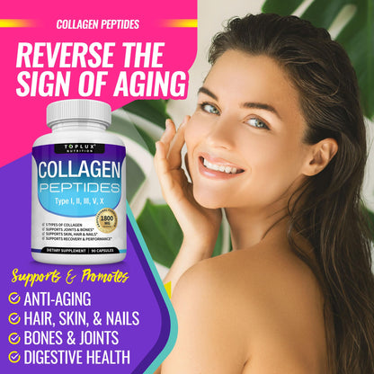 Toplux Multi Collagen Peptides Pills 1800 Mg Complex - Type I, II, III, V, X Premium Collagen Complex for Better Skin & Hair, Strong Joint, Hydrolyzed Protein - PrimeBioHealth - canada supplements