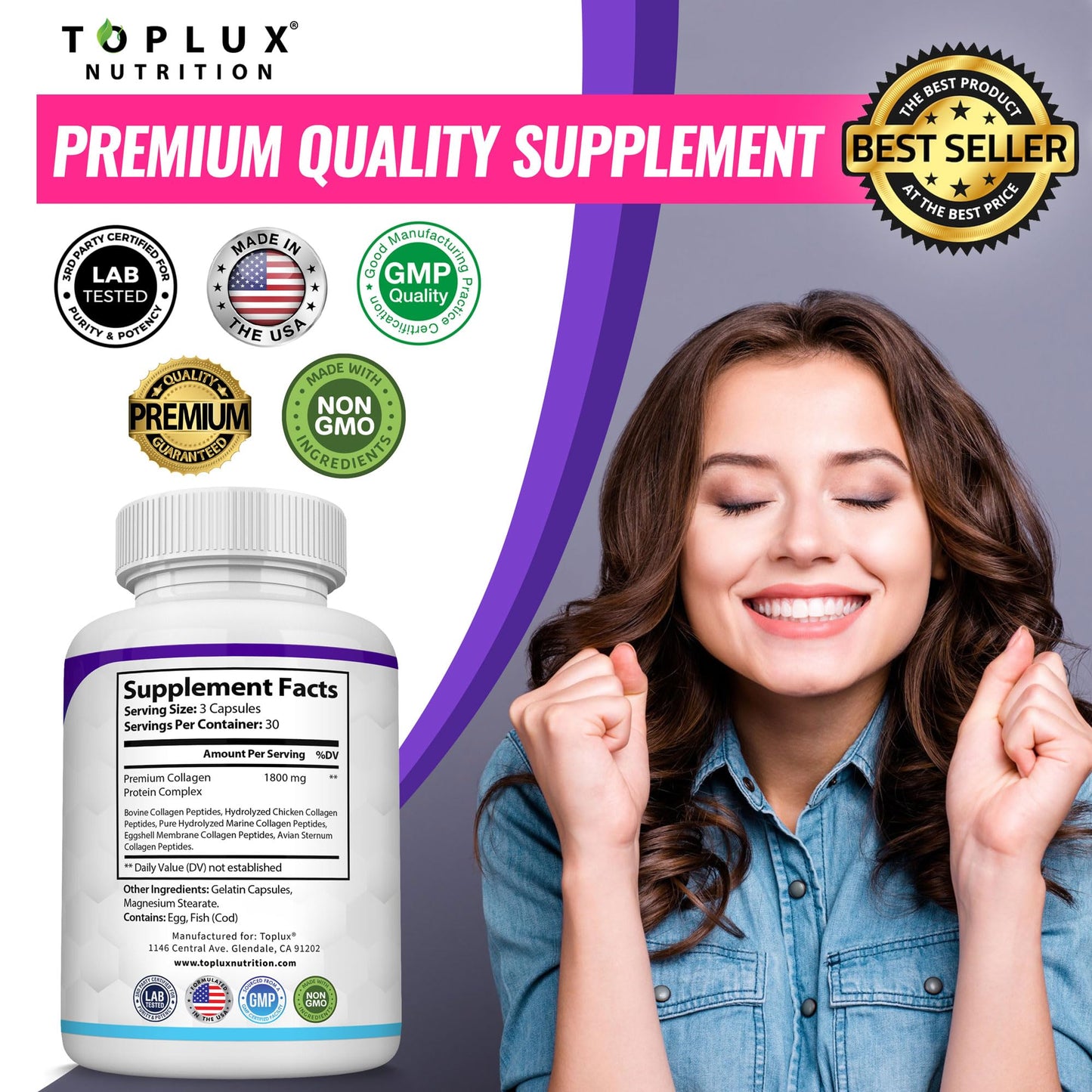 Toplux Multi Collagen Peptides Pills 1800 Mg Complex - Type I, II, III, V, X Premium Collagen Complex for Better Skin & Hair, Strong Joint, Hydrolyzed Protein - PrimeBioHealth - canada supplements