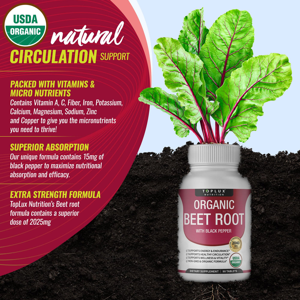 Toplux Organic Beet Root Powder Tablets - 2040mg Natural Nitric Oxide Beets to Support, Energy, Black Pepper Better Absorption, Non-GMO, for Men Women, 90 Tablets - PrimeBioHealth - canada supplements