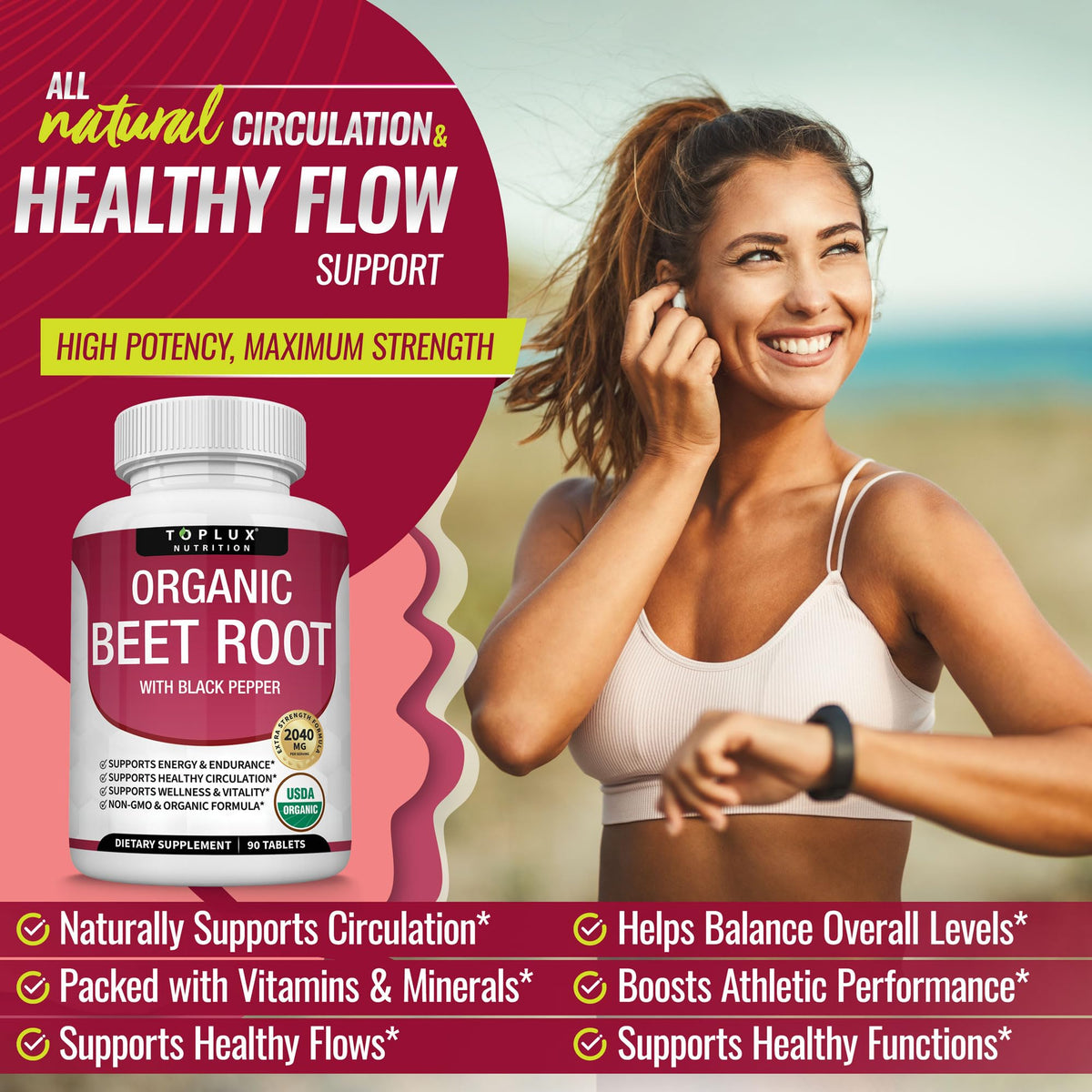 Toplux Organic Beet Root Powder Tablets - 2040mg Natural Nitric Oxide Beets to Support, Energy, Black Pepper Better Absorption, Non-GMO, for Men Women, 90 Tablets - PrimeBioHealth - canada supplements
