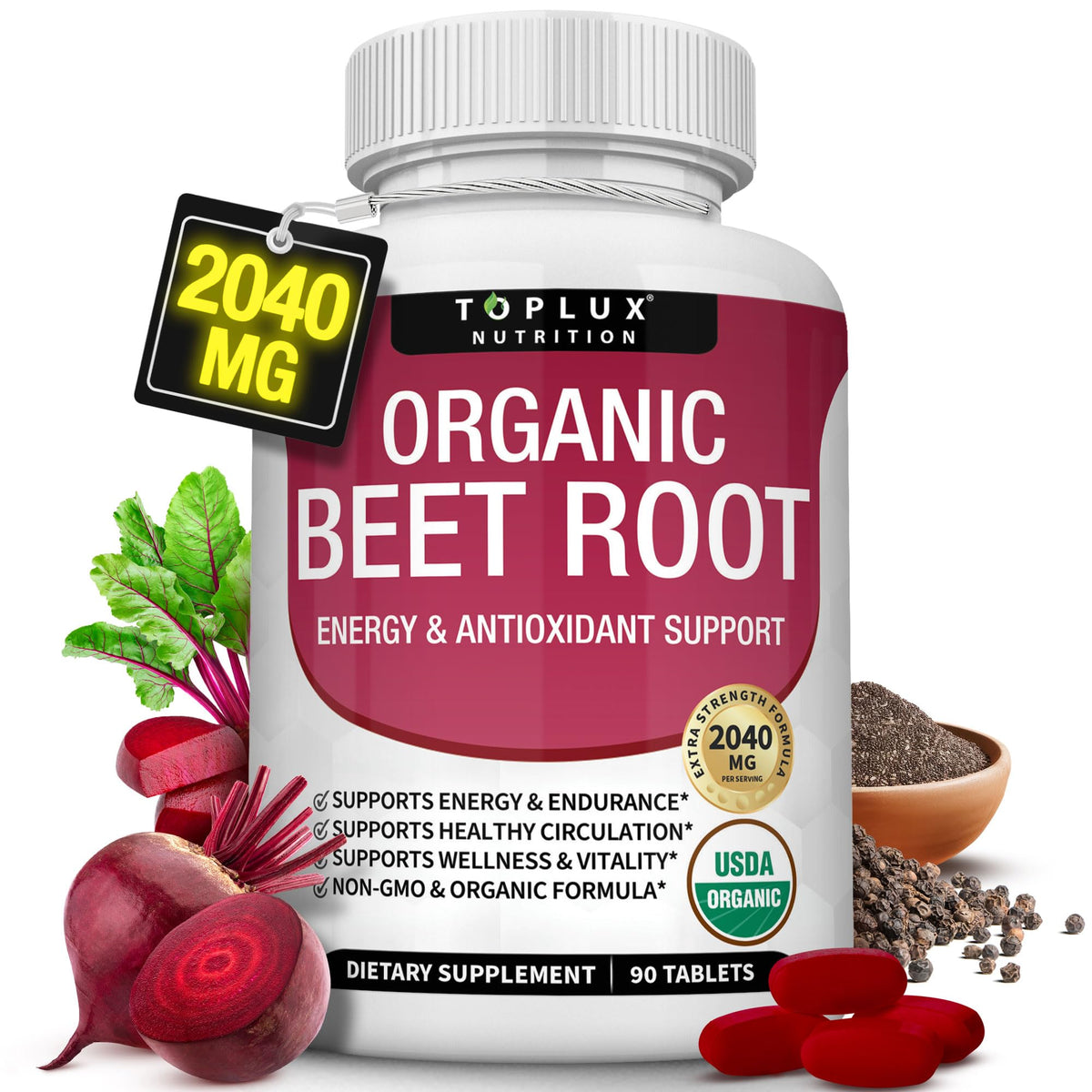 Toplux Organic Beet Root Powder Tablets - 2040mg Natural Nitric Oxide Beets to Support, Energy, Black Pepper Better Absorption, Non-GMO, for Men Women, 90 Tablets - PrimeBioHealth - canada supplements