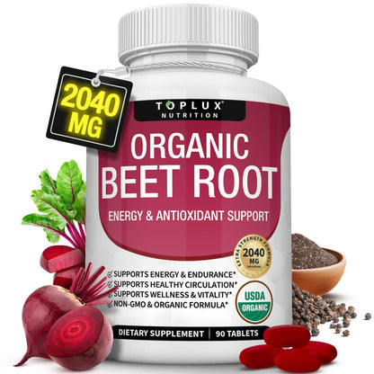Toplux Organic Beet Root Powder Tablets - 2040mg Natural Nitric Oxide Beets to Support, Energy, Black Pepper Better Absorption, Non-GMO, for Men Women, 90 Tablets - PrimeBioHealth - canada supplements
