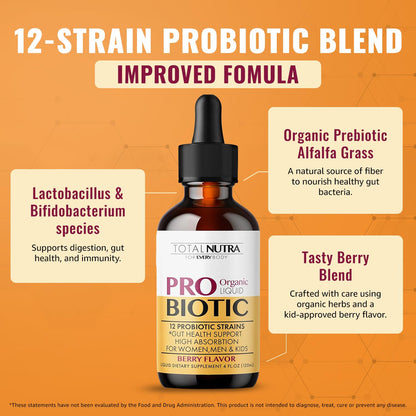 Total Nutra USDA Organic Liquid Probiotic for Kids, Women & Men, Toddler Probiotic Drops with Alfalfa Prebiotic Blend + Acidophilus for Gut Health, Vegan - PrimeBioHealth - canada supplements