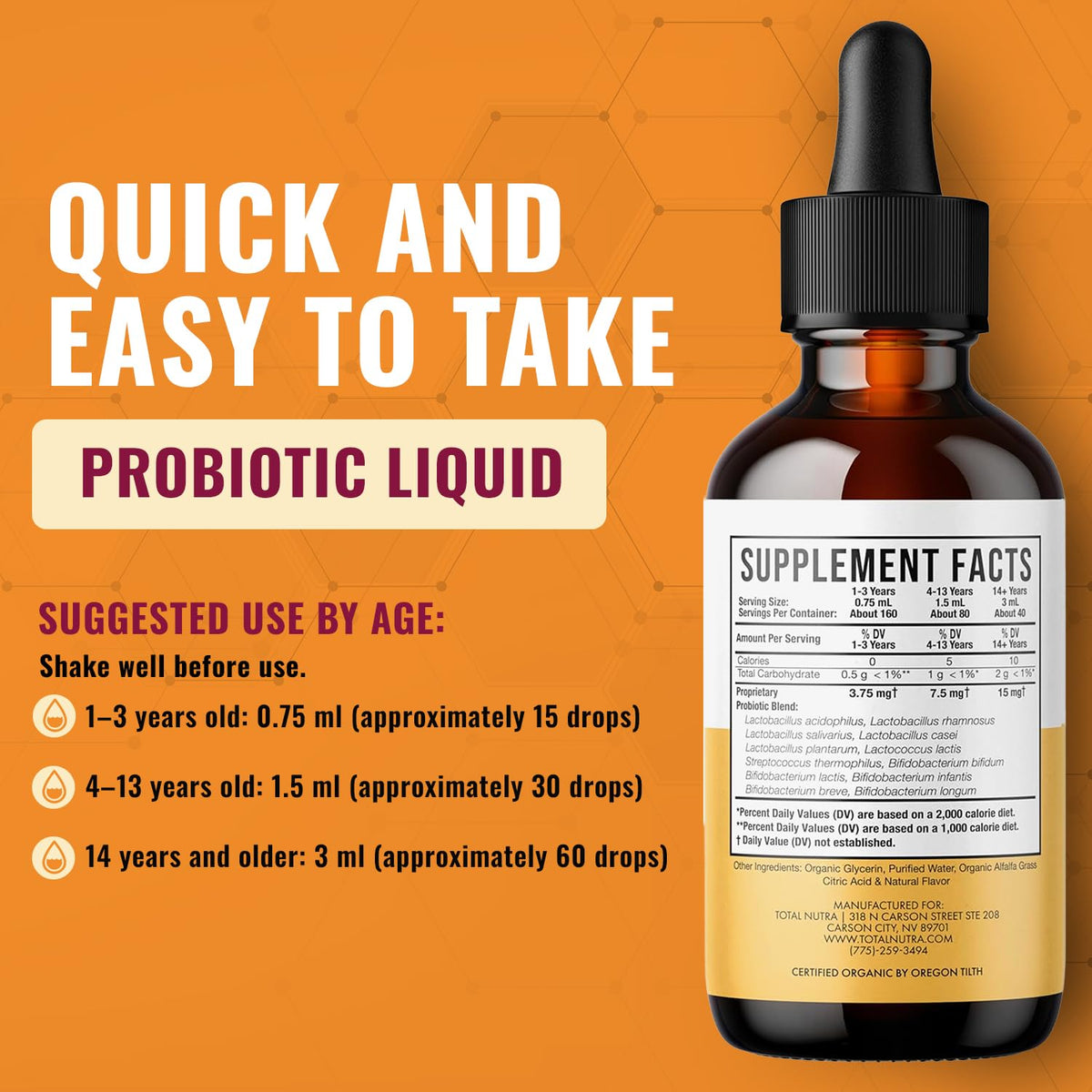Total Nutra USDA Organic Liquid Probiotic for Kids, Women & Men, Toddler Probiotic Drops with Alfalfa Prebiotic Blend + Acidophilus for Gut Health, Vegan - PrimeBioHealth - canada supplements