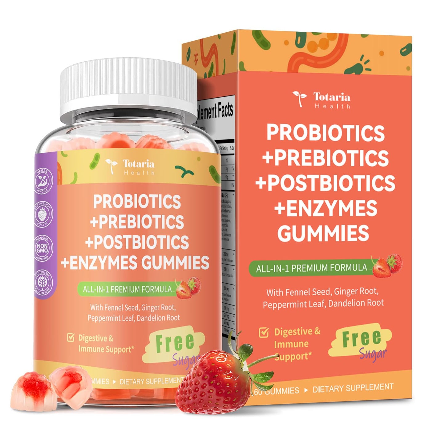 Totaria Sugar Free 5-in-1 Probiotic Prebiotic Postbiotic Gummy, 36 Strains Probiotics for Women Men with Digestive Enzymes, Peppermint, Complete Immune, - PrimeBioHealth - canada supplements