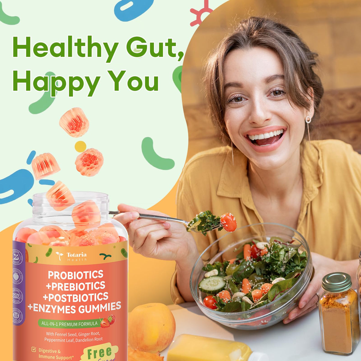 Totaria Sugar Free 5-in-1 Probiotic Prebiotic Postbiotic Gummy, 36 Strains Probiotics for Women Men with Digestive Enzymes, Peppermint, Complete Immune, - PrimeBioHealth - canada supplements
