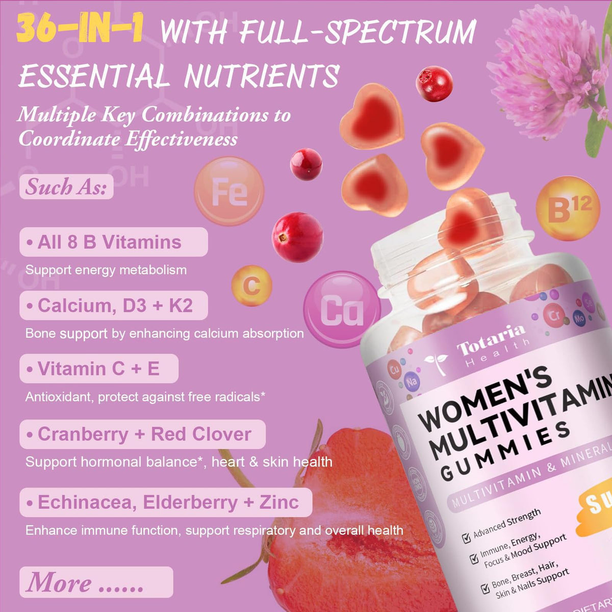 Totaria Sugar Free Multivitamin Gummies for Women 14+ w/Iron, Inositol, Folate, Biotin, Womens Daily Multivitamin Gummy w/Vitamin A, C, B, D3, K2, for Hair, Skin, - PrimeBioHealth - canada supplements