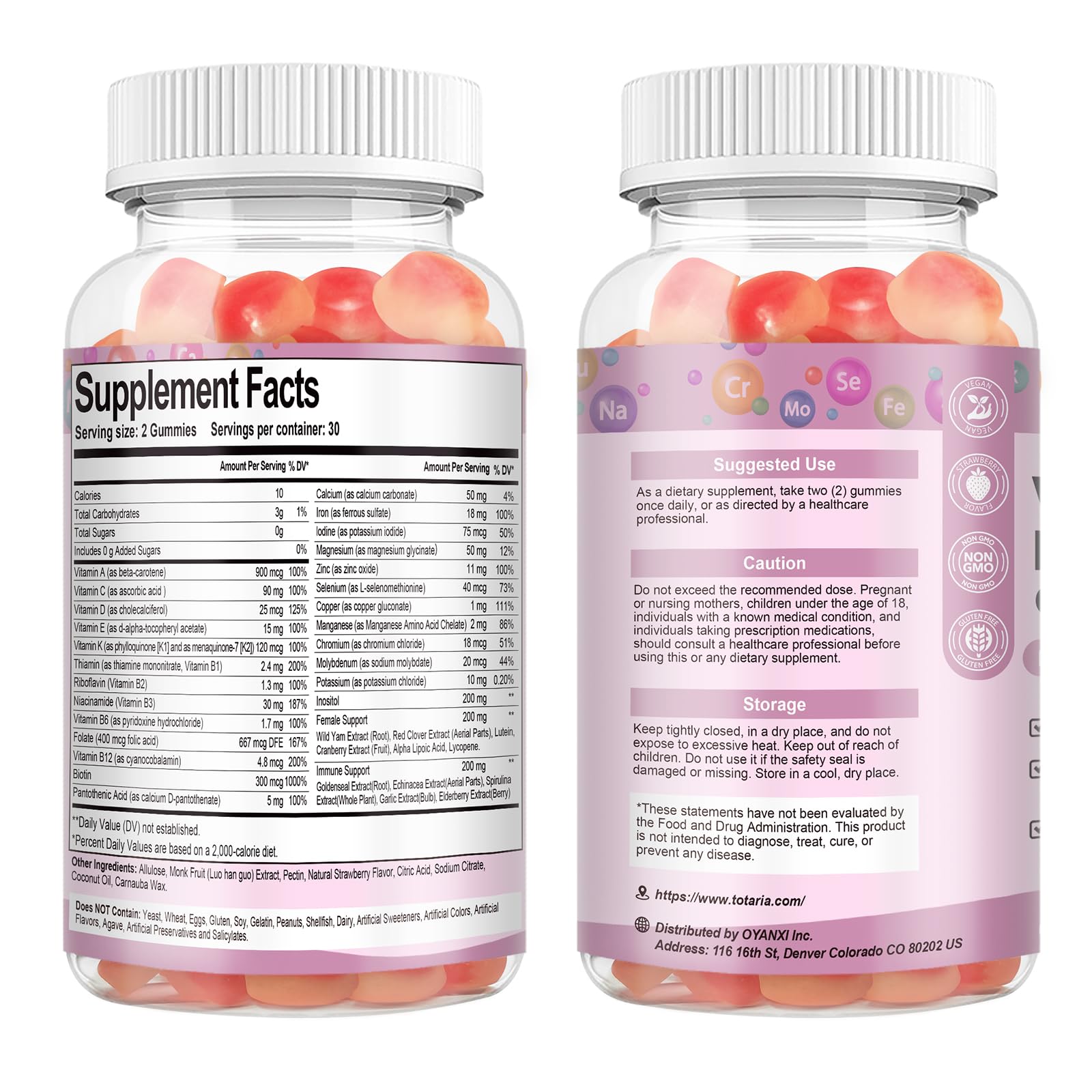 Totaria Sugar Free Multivitamin Gummies for Women 14+ w/Iron, Inositol, Folate, Biotin, Womens Daily Multivitamin Gummy w/Vitamin A, C, B, D3, K2, for Hair, Skin, - PrimeBioHealth - canada supplements
