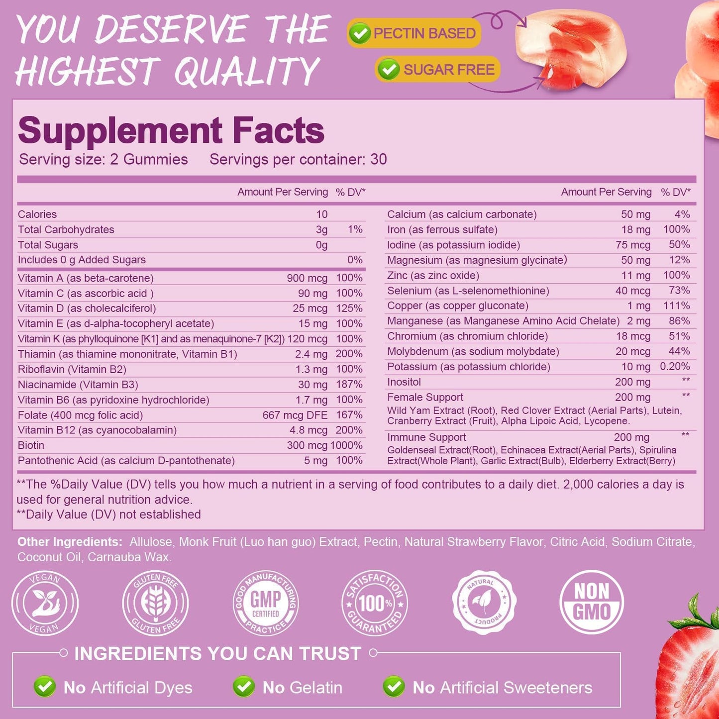Totaria Sugar Free Multivitamin Gummies for Women 14+ w/Iron, Inositol, Folate, Biotin, Womens Daily Multivitamin Gummy w/Vitamin A, C, B, D3, K2, for Hair, Skin, - PrimeBioHealth - canada supplements