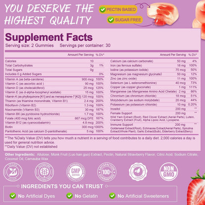 Totaria Sugar Free Multivitamin Gummies for Women 14+ w/Iron, Inositol, Folate, Biotin, Womens Daily Multivitamin Gummy w/Vitamin A, C, B, D3, K2, for Hair, Skin, - PrimeBioHealth - canada supplements