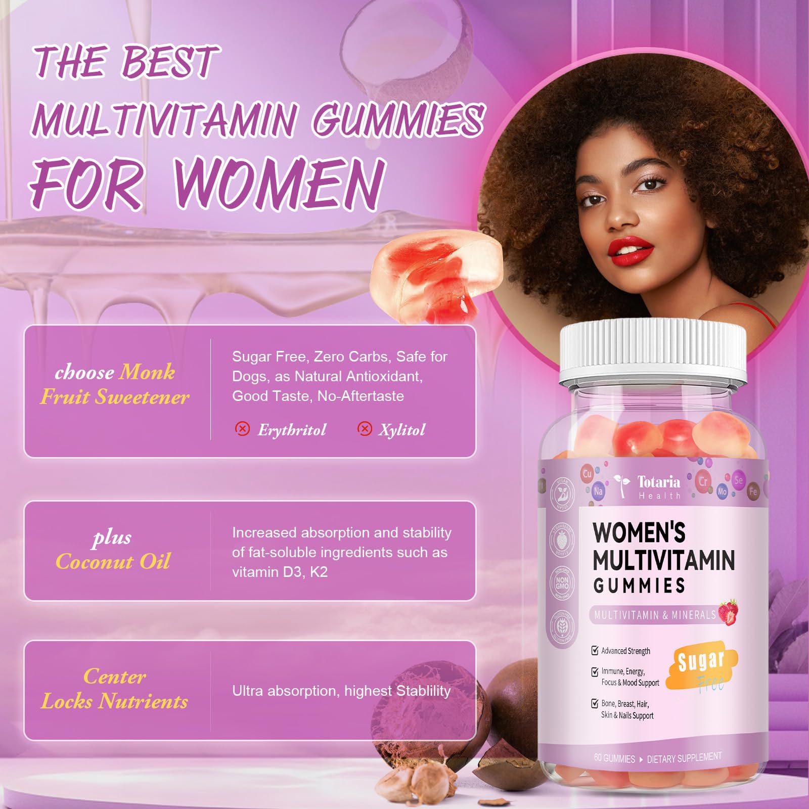 Totaria Sugar Free Multivitamin Gummies for Women 14+ w/Iron, Inositol, Folate, Biotin, Womens Daily Multivitamin Gummy w/Vitamin A, C, B, D3, K2, for Hair, Skin, - PrimeBioHealth - canada supplements