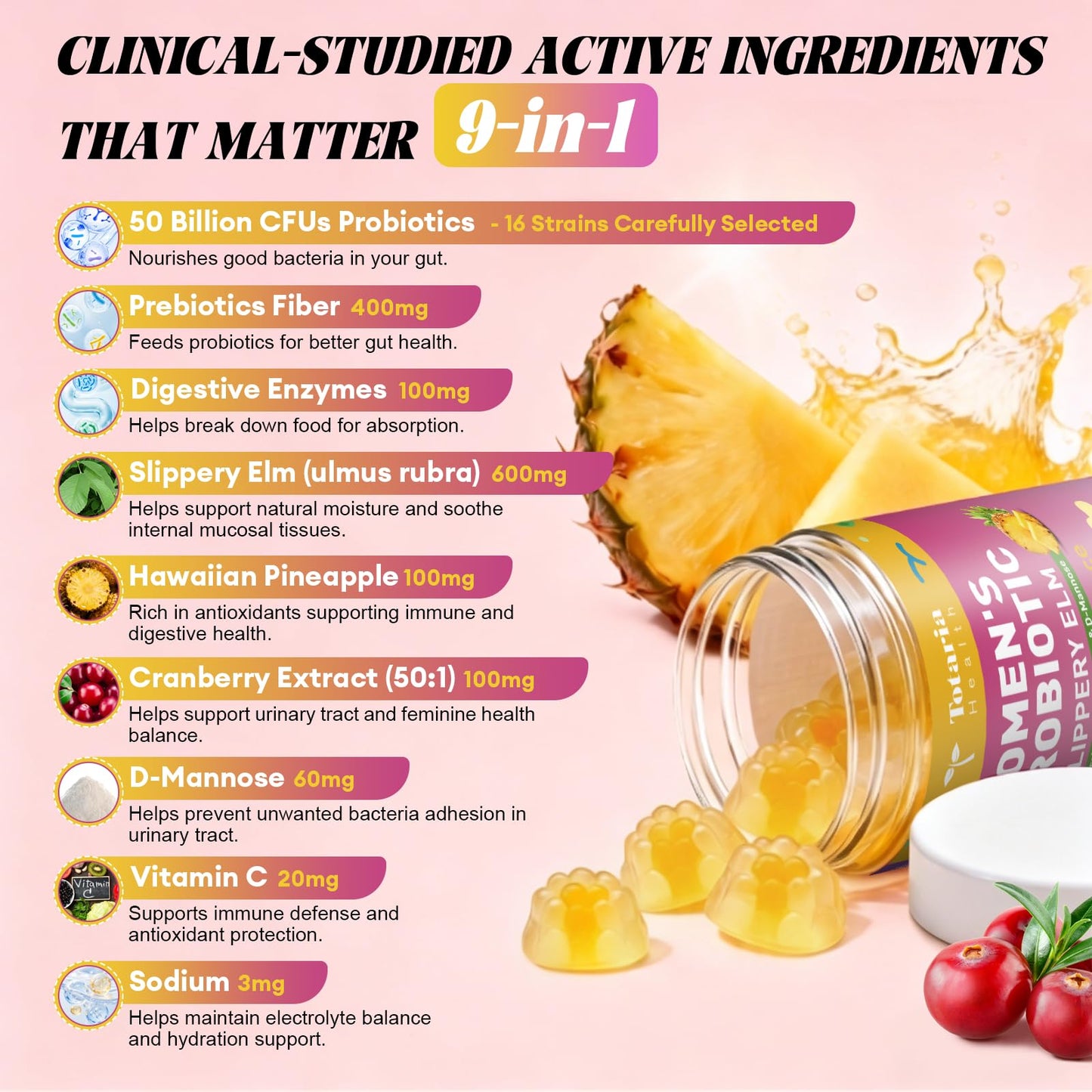 Totaria Sugar Free Probiotics for Women, Feminine Balance Gummies, 50 Billion CFU Vaginal Probiotic Prebiotic w/Slippery Elm, Cranberry, for Vaginal, Urinary Tract - PrimeBioHealth - canada supplements
