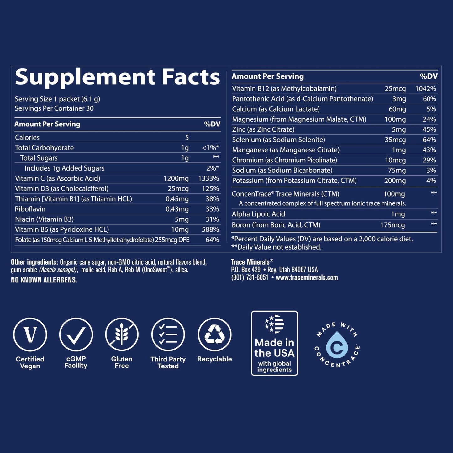 Trace Minerals Power Pak Multivitamin and Multimineral Packets - Electrolyte Support - 1200 mg Vitamin C plus 70+ Trace Minerals - Lemon Lime Flavor - 30 Packets - PrimeBioHealth - canada supplements