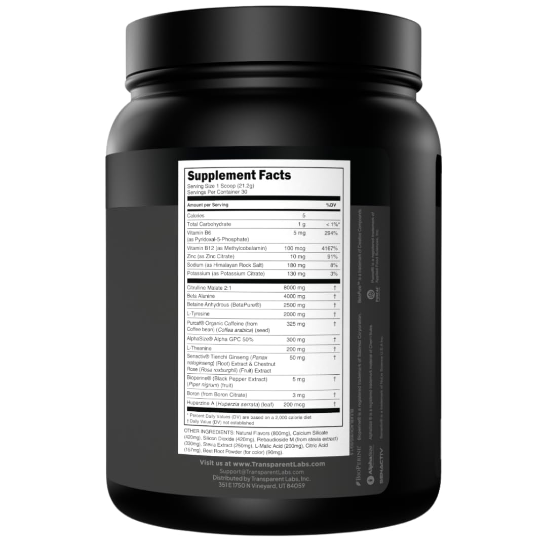 Transparent Labs Bulk Black Pre Workout - Clinically Dosed, Sugar Free Preworkout for Men and Women with Beta Alanine Powder, Citrulline Malate - PrimeBioHealth - canada supplements