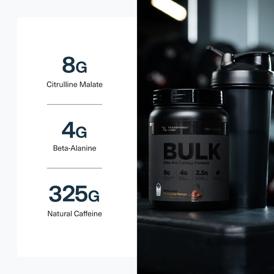 Transparent Labs Bulk Black Pre Workout - Clinically Dosed, Sugar Free Preworkout for Men and Women with Beta Alanine Powder, Citrulline Malate - PrimeBioHealth - canada supplements