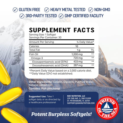 Triple Strength Omega 3 Fish Oil 1200 mg | EPA & DHA | Wild Caught, Sustainably Sourced Omega-3 Fatty Acids | Premium Burpless Fish Oil Supplements - PrimeBioHealth - canada supplements